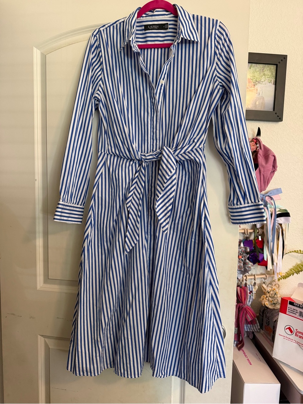 Ralph Lauren Blue and White Striped Midi Shirt Dress